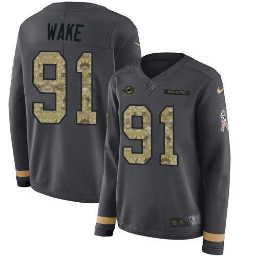 Women's Nike Miami Dolphins #91 Cameron Wake Anthracite Salute to Service Stitched NFL Limited Therma Long Sleeve Jersey