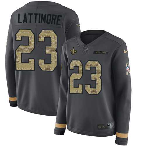 Women's Nike New Orleans Saints #23 Marshon Lattimore Anthracite Salute to Service Stitched NFL Limited Therma Long Sleeve Jersey