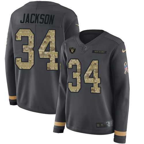 Women's Nike Oakland Raiders #34 Bo Jackson Anthracite Salute to Service Stitched NFL Limited Therma Long Sleeve Jersey