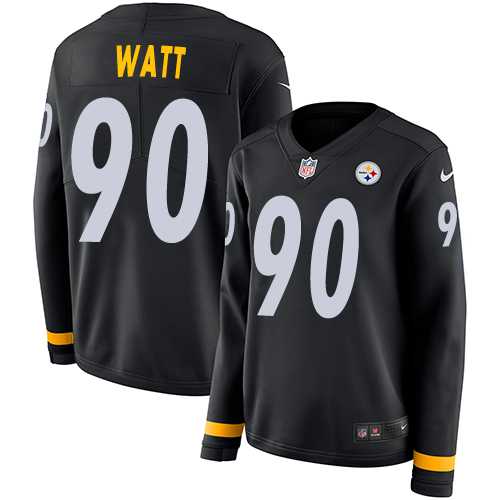 Women's Nike Pittsburgh Steelers #90 T. J. Watt Black Team Color Stitched NFL Limited Therma Long Sleeve Jersey