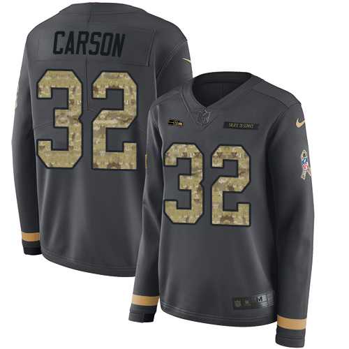 Women's Nike Seattle Seahawks #32 Chris Carson Anthracite Salute to Service Stitched NFL Limited Therma Long Sleeve Jersey