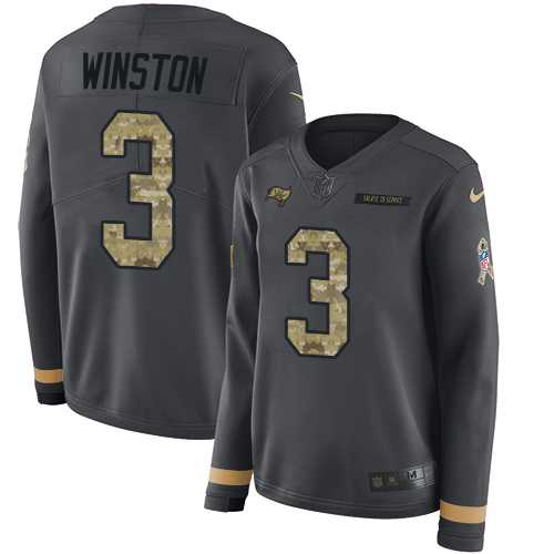 Women's Nike Tampa Bay Buccaneers #3 Jameis Winston Anthracite Salute to Service Stitched NFL Limited Therma Long Sleeve Jersey