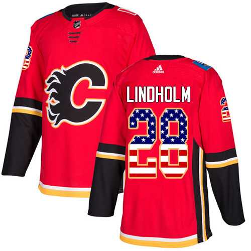 Youth Adidas Calgary Flames #28 Elias Lindholm Red Home Authentic USA Flag Stitched NHL Jersey