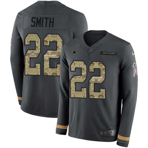 Youth Nike Dallas Cowboys #22 Emmitt Smith Anthracite Salute to Service Stitched NFL Limited Therma Long Sleeve Jersey