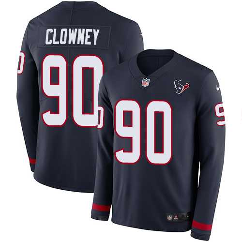 Youth Nike Houston Texans #90 Jadeveon Clowney Navy Blue Team Color Stitched NFL Limited Therma Long Sleeve Jersey