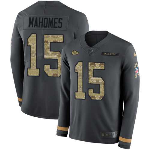 Youth Nike Kansas City Chiefs #15 Patrick Mahomes Anthracite Salute to Service Stitched NFL Limited Therma Long Sleeve Jersey