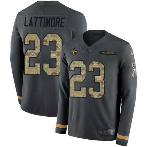 Youth Nike New Orleans Saints #23 Marshon Lattimore Anthracite Salute to Service Stitched NFL Limited Therma Long Sleeve Jersey