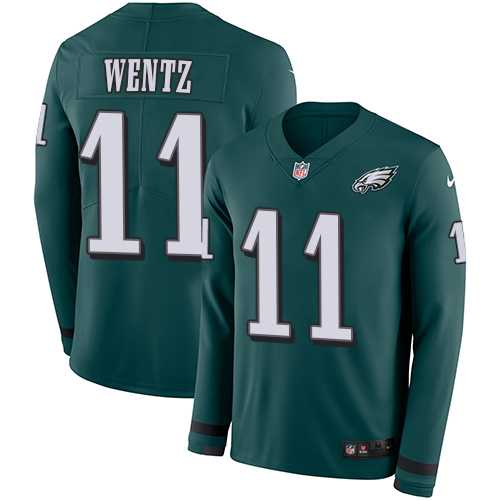 Youth Nike Philadelphia Eagles #11 Carson Wentz Midnight Green Team Color Stitched NFL Limited Therma Long Sleeve Jersey