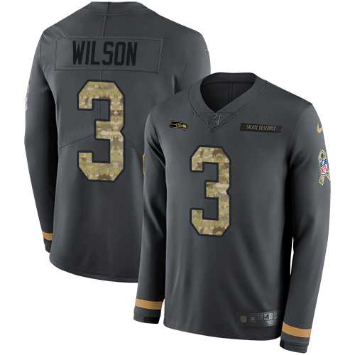 Youth Nike Seattle Seahawks #3 Russell Wilson Anthracite Salute to Service Stitched NFL Limited Therma Long Sleeve Jersey