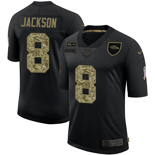 Baltimore Ravens #8 Lamar Jackson Men's Nike 2020 Salute To Service Camo Limited NFL Jersey Black