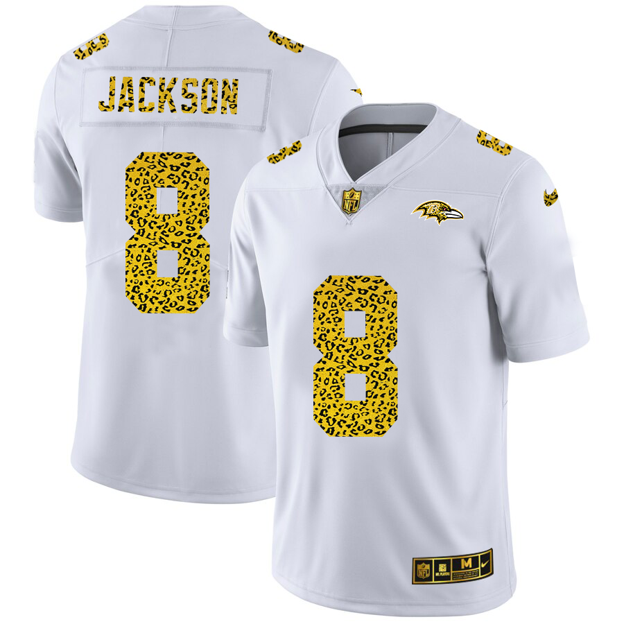 Baltimore Ravens #8 Lamar Jackson Men's Nike Flocked Leopard Print Vapor Limited NFL Jersey White