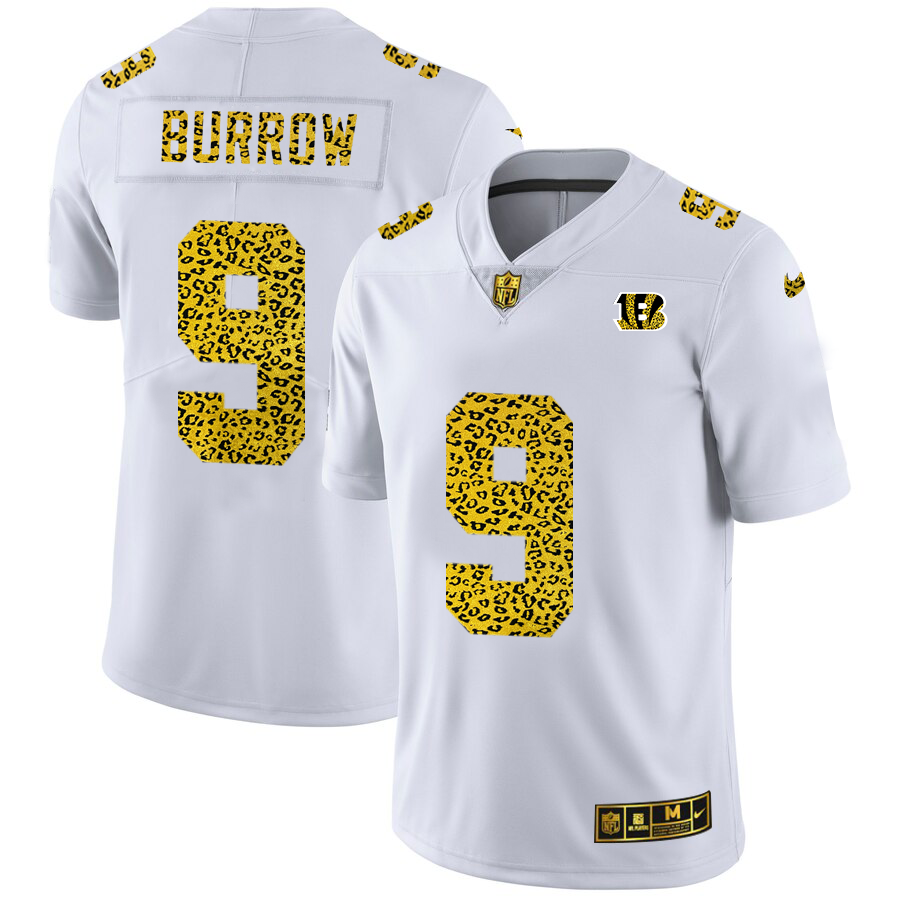 Cincinnati Bengals #9 Joe Burrow Men's Nike Flocked Leopard Print Vapor Limited NFL Jersey White