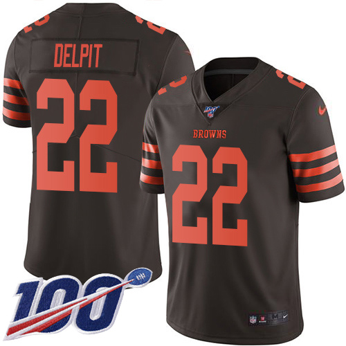 Nike Browns #22 Grant Delpit Brown Men's Stitched NFL Limited Rush 100th Season Jersey