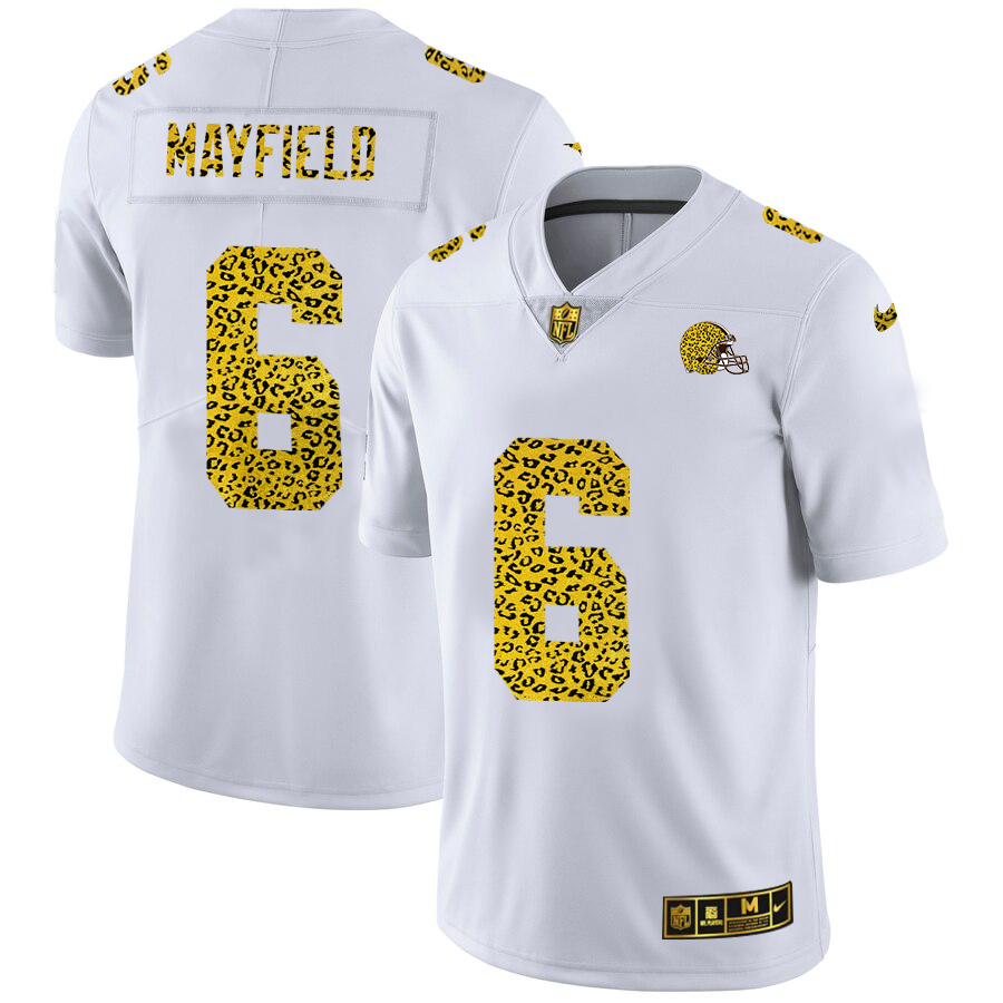 Cleveland Browns #6 Baker Mayfield Men's Nike Flocked Leopard Print Vapor Limited NFL Jersey White