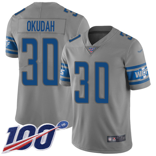 Nike Lions #30 Jeff Okudah Gray Men's Stitched NFL Limited Inverted Legend 100th Season Jersey