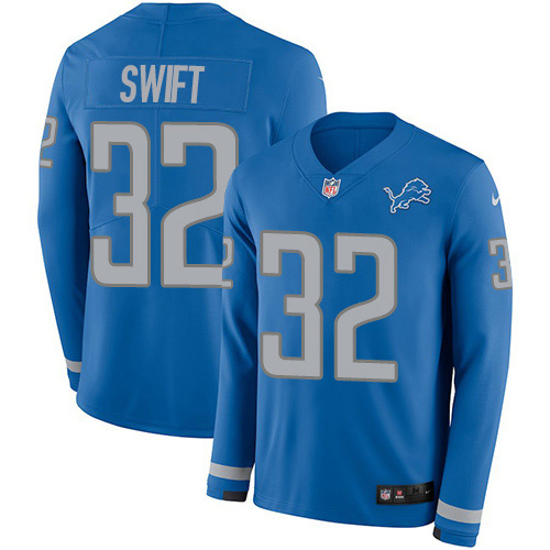 Nike Lions #32 D'Andre Swift Blue Team Color Men's Stitched NFL Limited Therma Long Sleeve Jersey