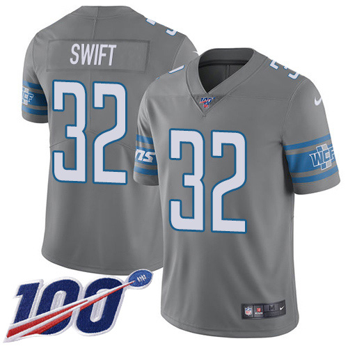 Nike Lions #32 D'Andre Swift Gray Men's Stitched NFL Limited Rush 100th Season Jersey