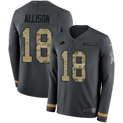 Nike Lions #18 Geronimo Allison Anthracite Salute to Service Men's Stitched NFL Limited Therma Long Sleeve Jersey