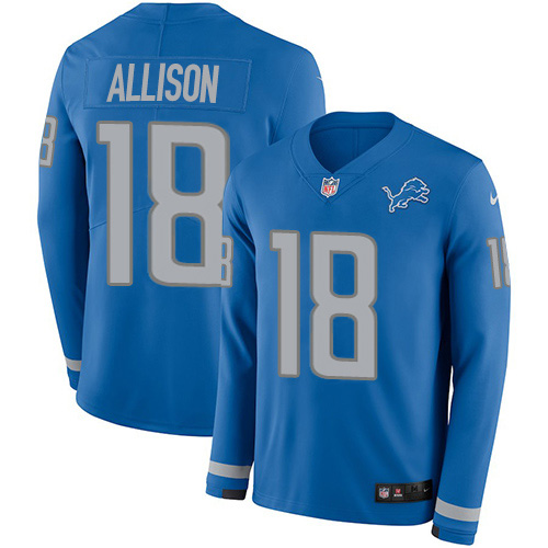 Nike Lions #18 Geronimo Allison Blue Team Color Men's Stitched NFL Limited Therma Long Sleeve Jersey