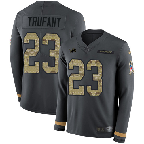 Nike Lions #23 Desmond Trufant Anthracite Salute to Service Men's Stitched NFL Limited Therma Long Sleeve Jersey
