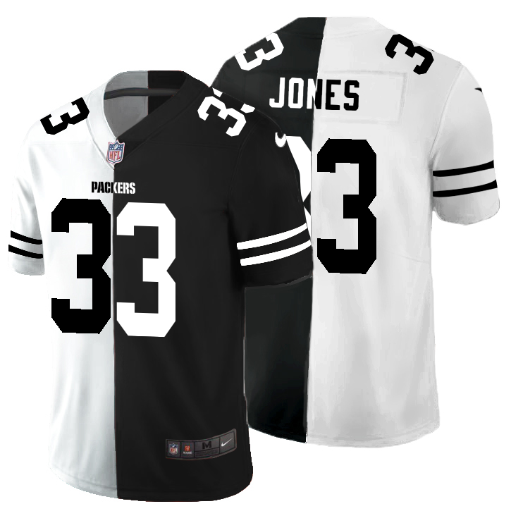 Green Bay Packers #33 Aaron Jones Men's Black V White Peace Split Nike Vapor Untouchable Limited NFL Jersey