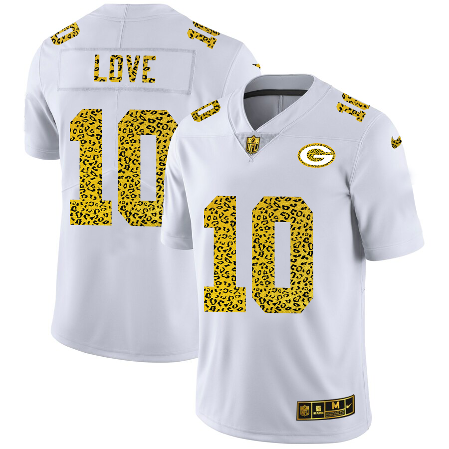 Green Bay Packers #10 Jordan Love Men's Nike Flocked Leopard Print Vapor Limited NFL Jersey White