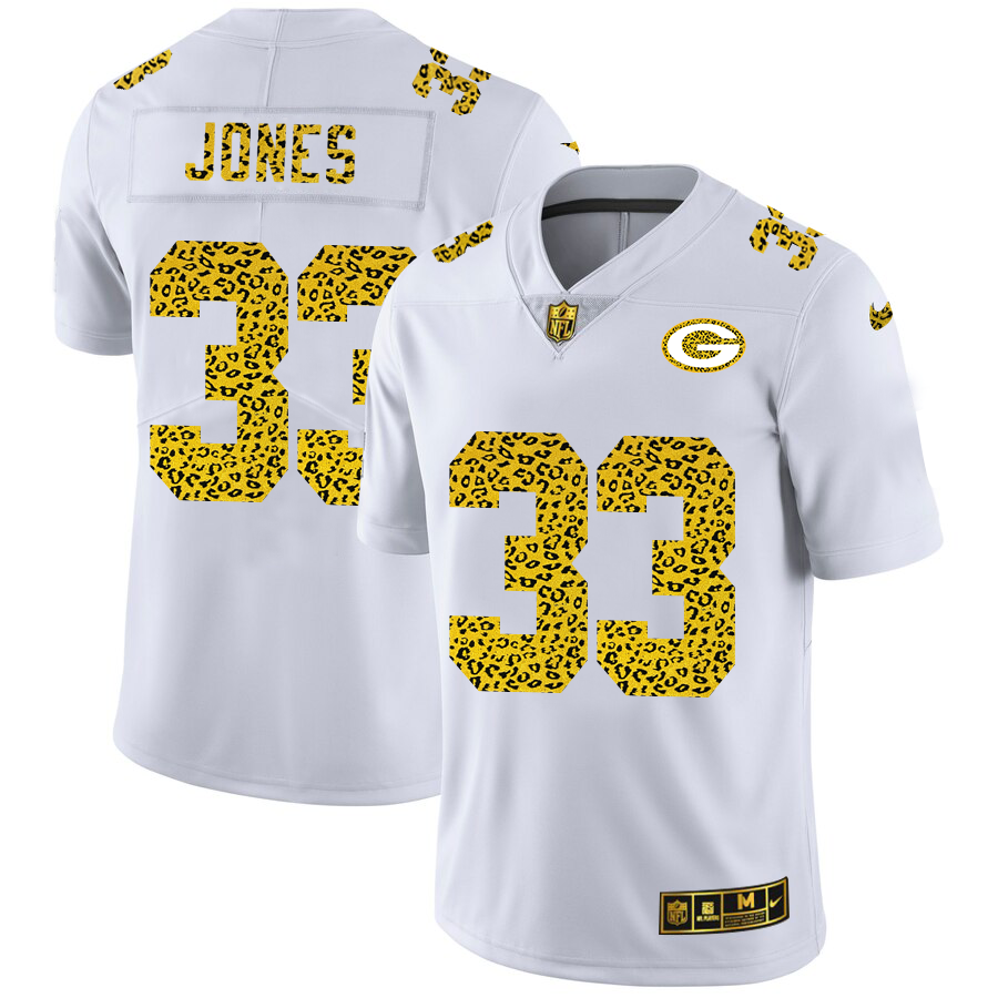 Green Bay Packers #33 Aaron Jones Men's Nike Flocked Leopard Print Vapor Limited NFL Jersey White
