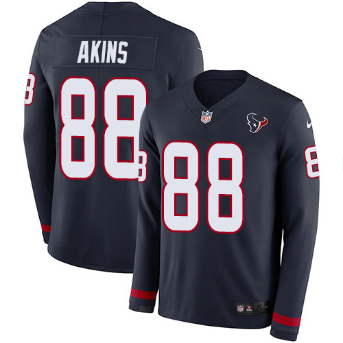 Nike Texans #88 Jordan Akins Navy Blue Team Color Men's Stitched NFL Limited Therma Long Sleeve Jersey