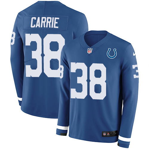 Nike Colts #38 T.J. Carrie Royal Blue Team Color Men's Stitched NFL Limited Therma Long Sleeve Jersey