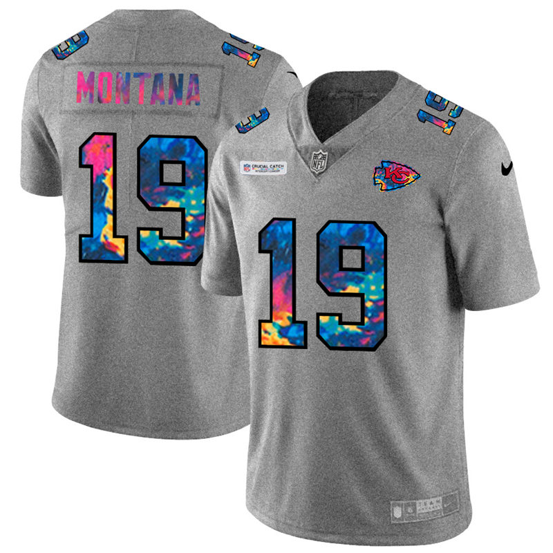 Kansas City Chiefs #19 Joe Montana Men's Nike Multi-Color 2020 NFL Crucial Catch NFL Jersey Greyheather
