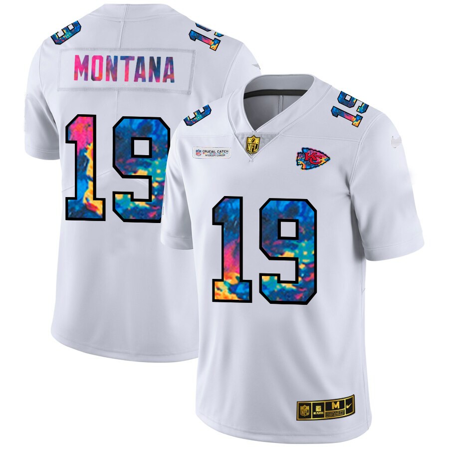 Kansas City Chiefs #19 Joe Montana Men's White Nike Multi-Color 2020 NFL Crucial Catch Limited NFL Jersey