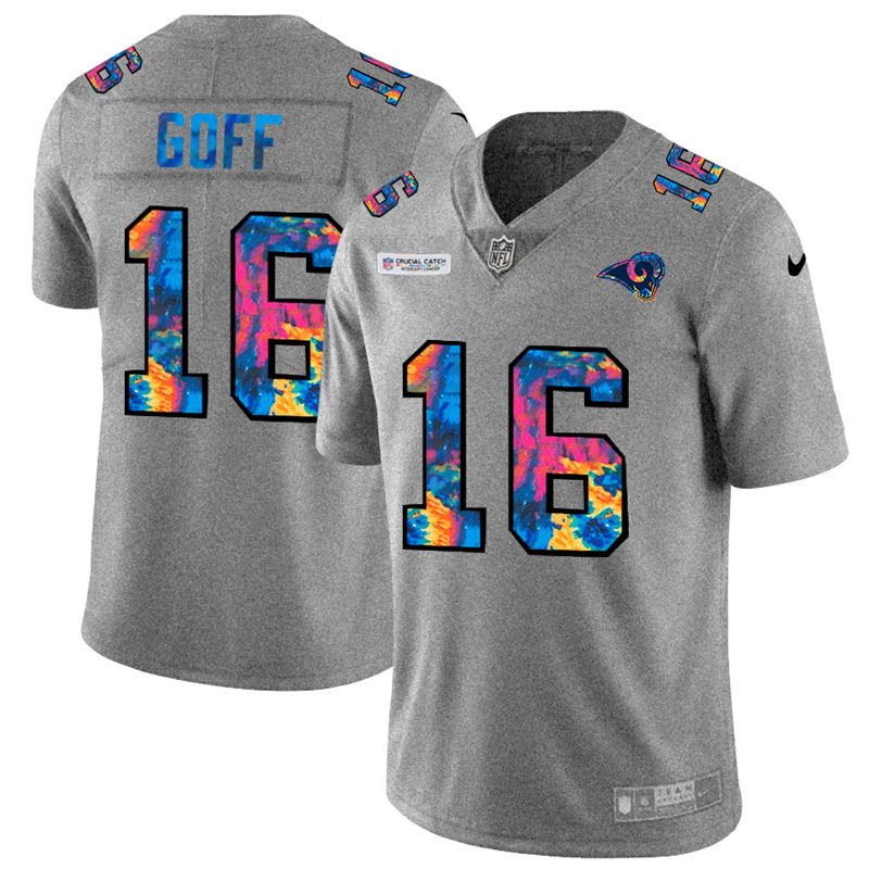Los Angeles Rams #16 Jared Goff Men's Nike Multi-Color 2020 NFL Crucial Catch NFL Jersey Greyheather