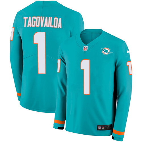 Nike Dolphins #1 Tua Tagovailoa Aqua Green Team Color Men's Stitched NFL Limited Therma Long Sleeve Jersey