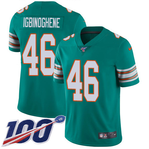 Nike Dolphins #46 Noah Igbinoghene Aqua Green Alternate Men's Stitched NFL 100th Season Vapor Untouchable Limited Jersey
