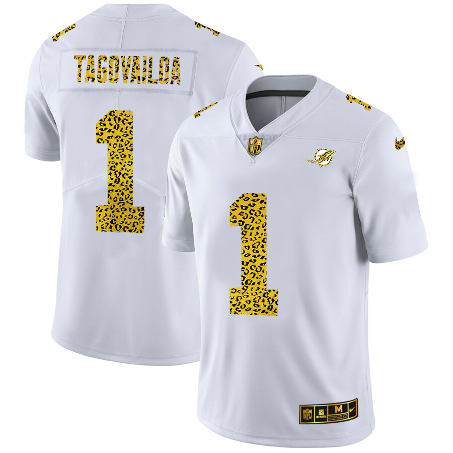 Miami Dolphins #1 Tua Tagovailoa Men's Nike Flocked Leopard Print Vapor Limited NFL Jersey White