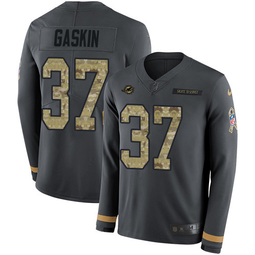 Nike Dolphins #37 Myles Gaskin Anthracite Salute to Service Men's Stitched NFL Limited Therma Long Sleeve Jersey