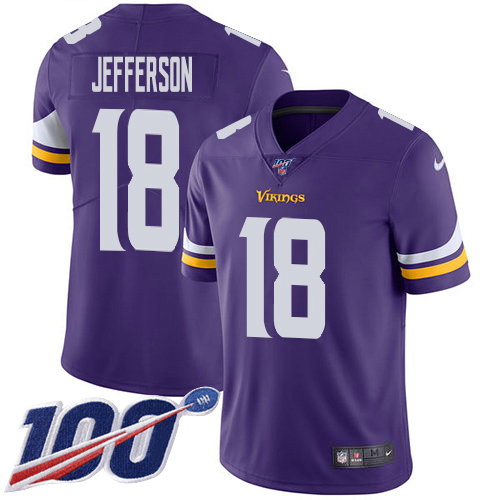 Nike Vikings #18 Justin Jefferson Purple Team Color Men's Stitched NFL 100th Season Vapor Untouchable Limited Jersey