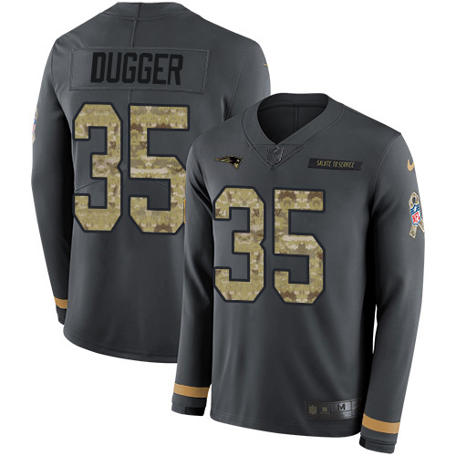 Nike Patriots #35 Kyle Dugger Anthracite Salute to Service Men's Stitched NFL Limited Therma Long Sleeve Jersey