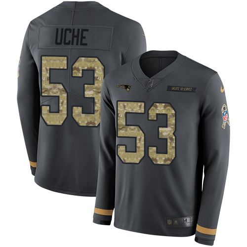 Nike Patriots #53 Josh Uche Anthracite Salute to Service Men's Stitched NFL Limited Therma Long Sleeve Jersey