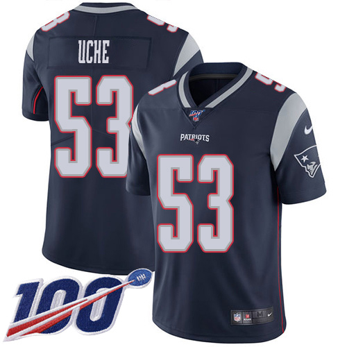 Nike Patriots #53 Josh Uche Navy Blue Team Color Men's Stitched NFL 100th Season Vapor Untouchable Limited Jersey