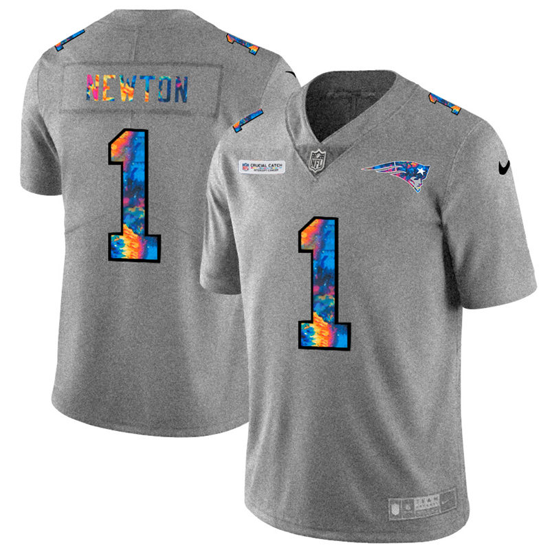 New England Patriots #1 Cam Newton Men's Nike Multi-Color 2020 NFL Crucial Catch NFL Jersey Greyheather
