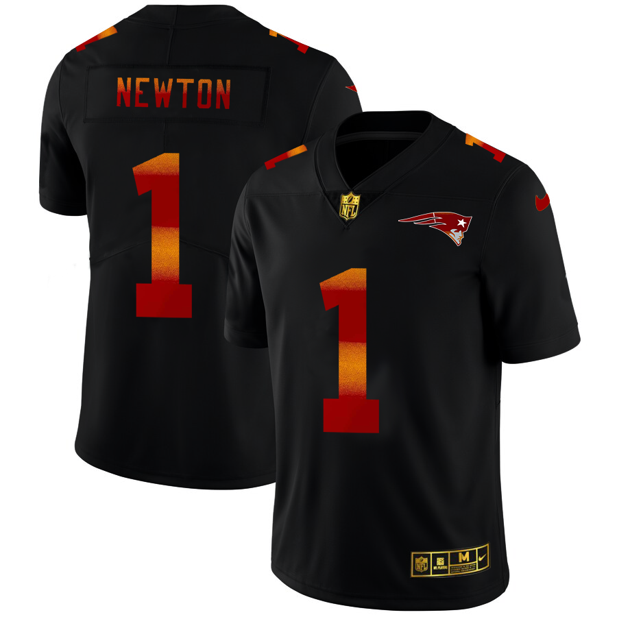 New England Patriots #1 Cam Newton Men's Black Nike Red Orange Stripe Vapor Limited NFL Jersey