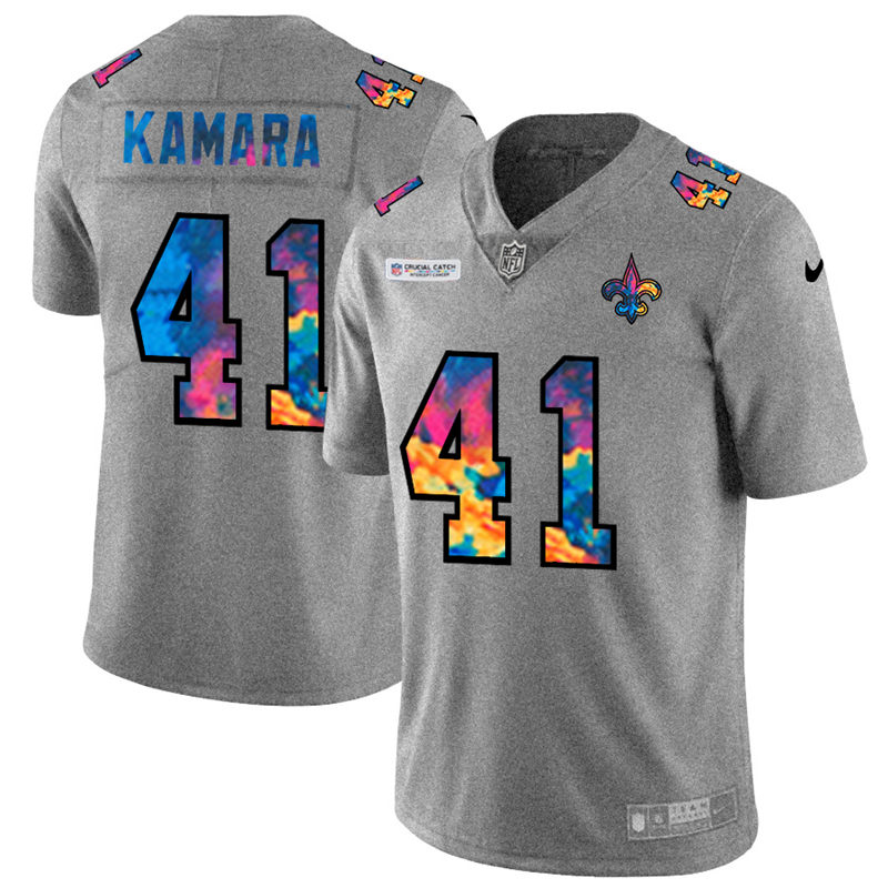 New Orleans Saints #41 Alvin Kamara Men's Nike Multi-Color 2020 NFL Crucial Catch NFL Jersey Greyheather