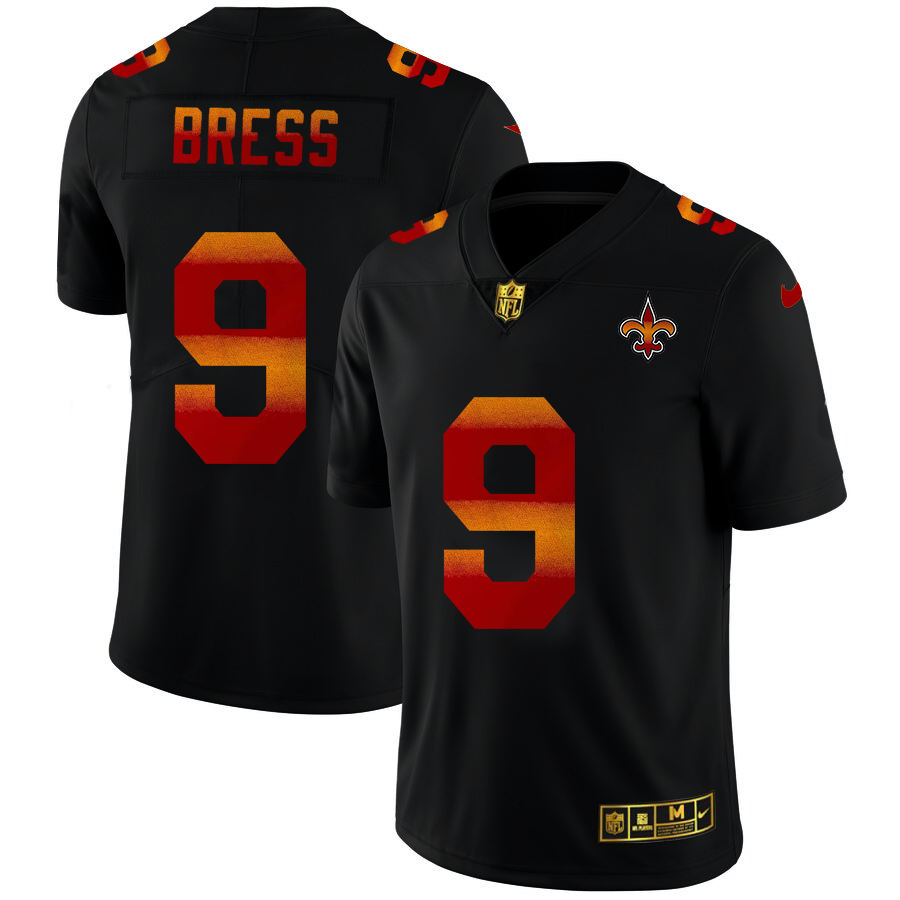 New Orleans Saints #9 Drew Brees Men's Black Nike Red Orange Stripe Vapor Limited NFL Jersey