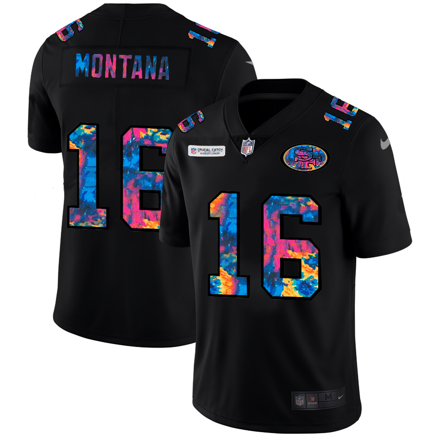San Francisco 49ers #16 Joe Montana Men's Nike Multi-Color Black 2020 NFL Crucial Catch Vapor Untouchable Limited Jersey