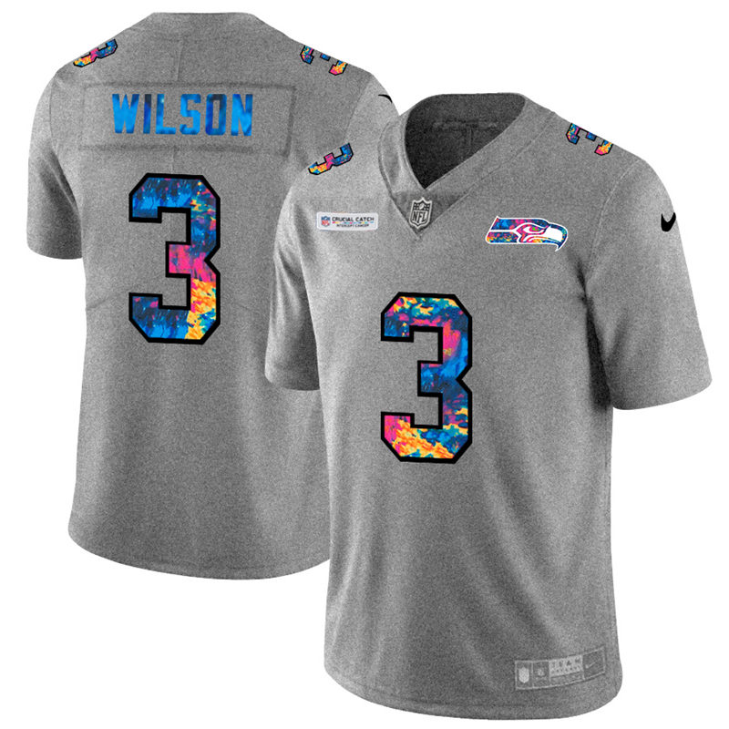 Seattle Seahawks #3 Russell Wilson Men's Nike Multi-Color 2020 NFL Crucial Catch NFL Jersey Greyheather