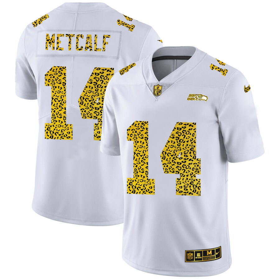 Seattle Seahawks #14 DK Metcalf Men's Nike Flocked Leopard Print Vapor Limited NFL Jersey White
