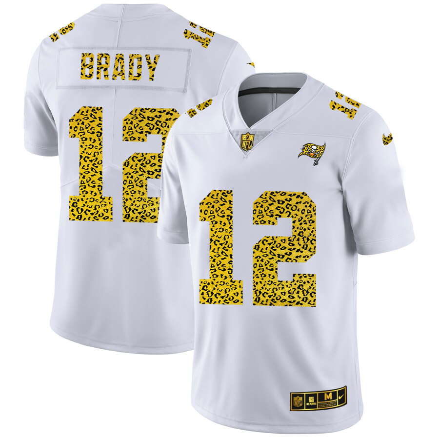 Tampa Bay Buccaneers #12 Tom Brady Men's Nike Flocked Leopard Print Vapor Limited NFL Jersey White