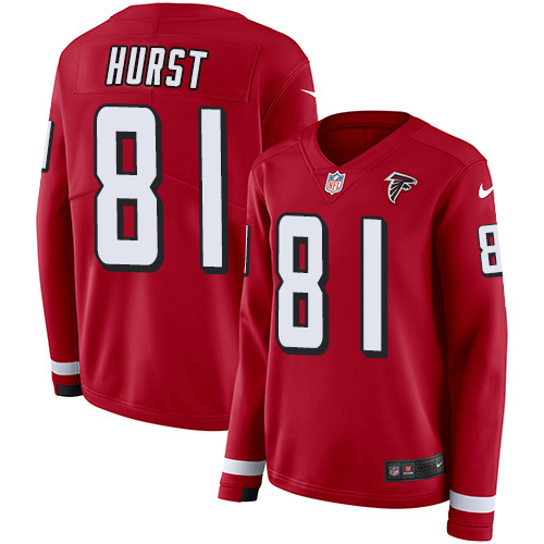 Nike Falcons #81 Hayden Hurst Red Team Color Women's Stitched NFL Limited Therma Long Sleeve Jersey