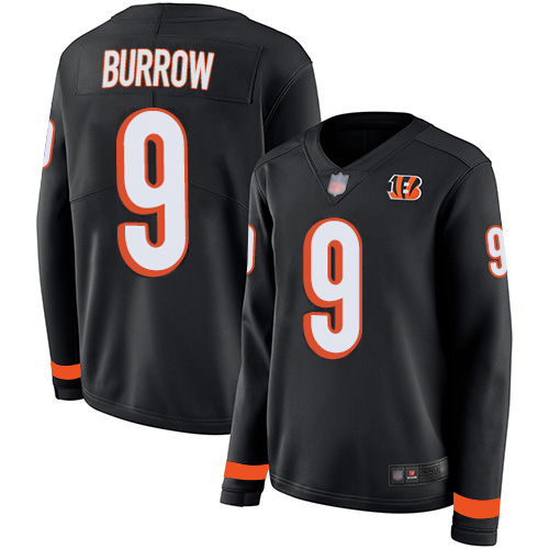 Nike Bengals #9 Joe Burrow Black Team Color Women's Stitched NFL Limited Therma Long Sleeve Jersey